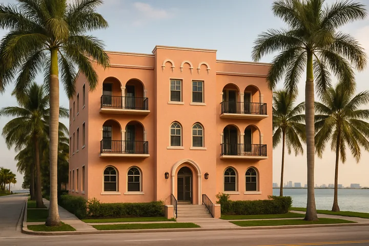 Edgewater Miami coral pastel fourplex multifamily building exterior